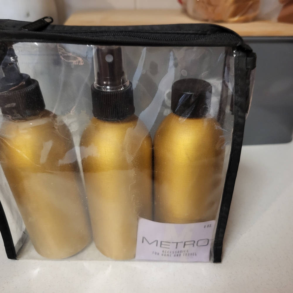 New Vintage 3 Piece Bathroom Vanity Bottles Gold Lightweight Tin Black Toppers